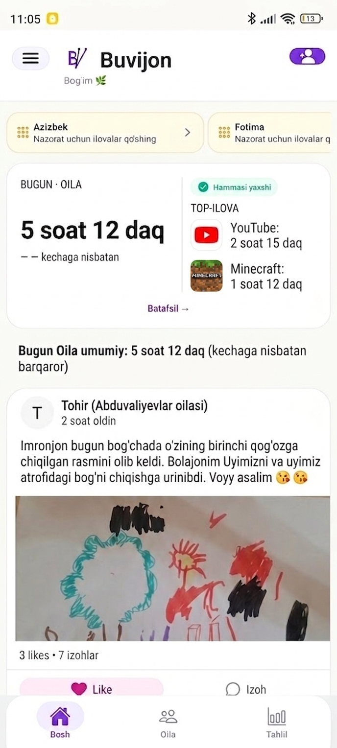 Buvijon ilovasining bosh ekrani — oila ekran vaqti va oila lentasi